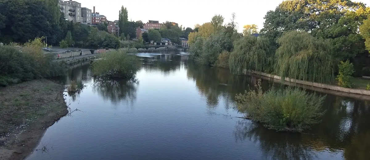 The quiet River Severn in Shrewsbury, lined with willows and trees in soft evening light